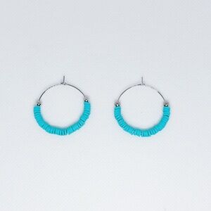 Turquoise Blue Beaded Silver Wire Hoop Earrings!